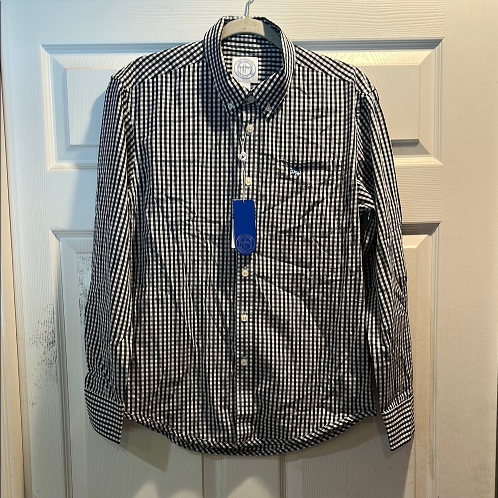 NWT! Guy Harvey Belmont Navy White Gingham Check Long Sleeve Button Down Shirt S